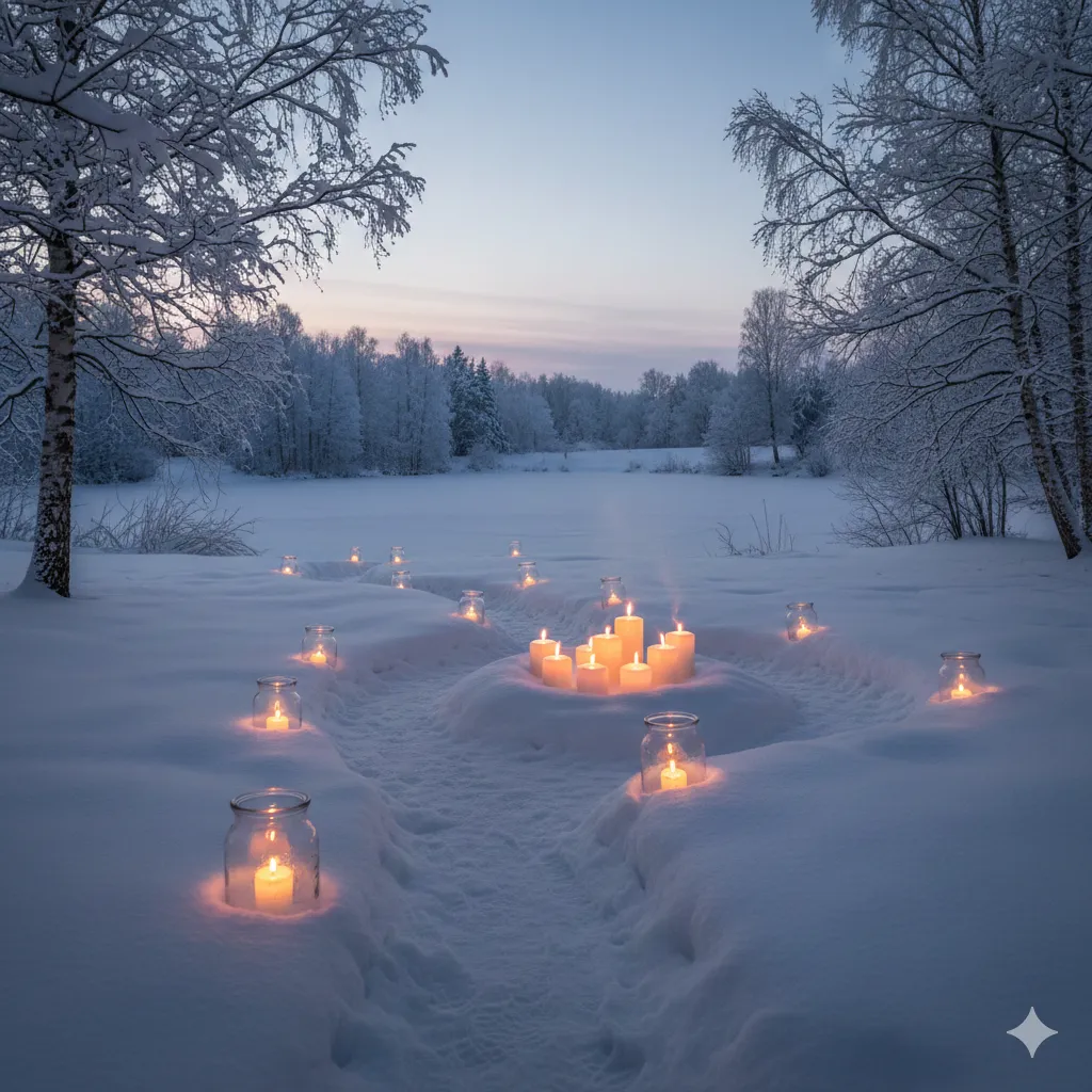 Rauhallinen talvimaisema kynttilöillä